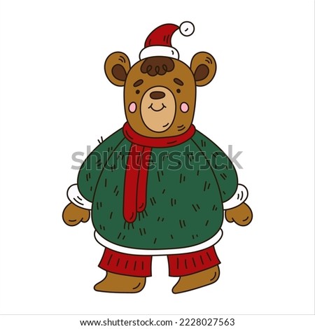 Cute Teddy Bear in knitted sweater, scarf and Santa hat. Doodle Christmas character
