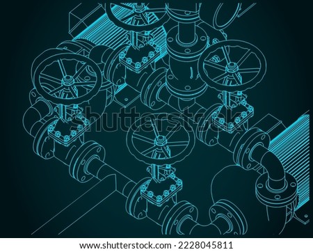 Stylized vector illustration of isometric blueprints of water pumping station system