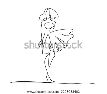 Young woman in modern dress. Fashion logo. Continuous one line drawing. Vector illustration