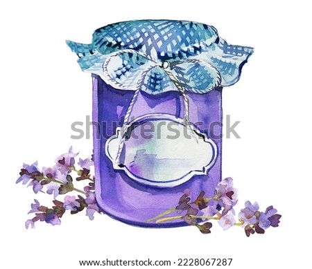 Lavender jam jar isolated on a white background. Watercolor hand painted Provence sweets. French jam design. Hand made jam clipart.