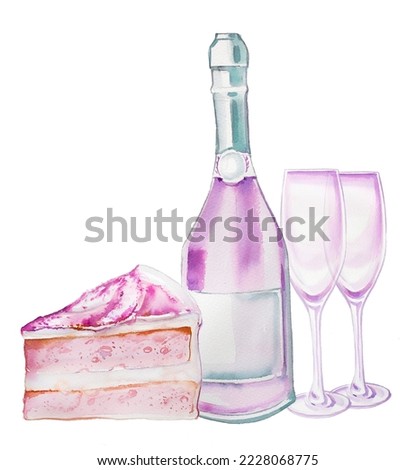 Watercolor pink champagne bottle and sweet cake. Dessert illustration. St.Valentine's Day background. Celebration themed design. Romantic clipart for greeting card.