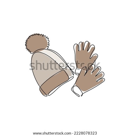 Winter hat and glove in continuous one line art style. Knitted, winter clothes. Cold weather accessories. Hand drawn vector illustration.