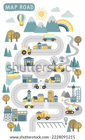 Childrens map road construction. Vector cartoon illustration of children's mat for road play. City adventure map with mountains, wood, lake, building, cars and construction. Design for nuresry decor