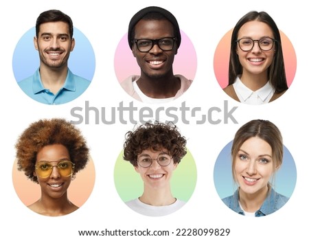 Collage of portraits and faces of multiracial group of smiling young diverse people for userpic and profile picture