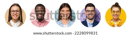 Collage of portraits and faces of multiracial group of various smiling young diverse people for userpic 