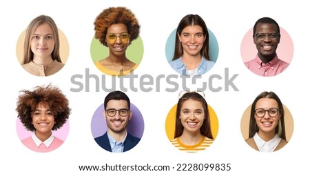 Collage of portraits and faces of multiracial group of various smiling young diverse people for userpic and profile picture