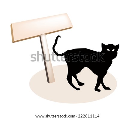 An Illustration of Empty Wooden Sign Board with Halloween Black Cat Isolated on White Background, For Halloween Celebration. 