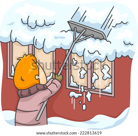 Illustration Featuring a Man Raking Snow Off His Roof
