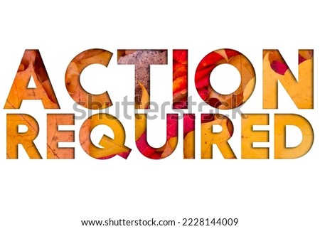 Autumn leaves, objects with Action Required text. Natural patterns, color design.