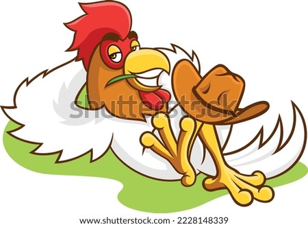 A Rooster Resting on the Grass with a Blade of Grass in his Mouth