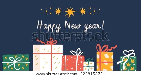 Happy New year horizontal banner with wrapped presents for Christmas.  Colorful gift boxes. Minimalistic flat hand-drawn illustration, dark blue background