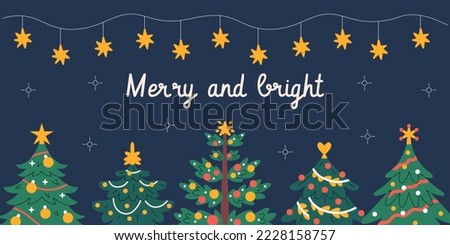Merry and bright Christmas horizontal banner with decorated fir-trees.  Colorful New year symbols, lights and ornaments. Minimalistic flat hand-drawn illustration, dark blue background
