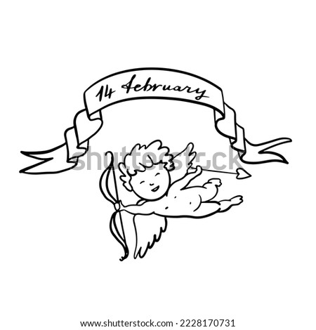 Flying Cupid or Amur with bow and arrow. Winged baby god of love Eros. Hand drawn linear doodle ink sketch. Isolated vector illustration.