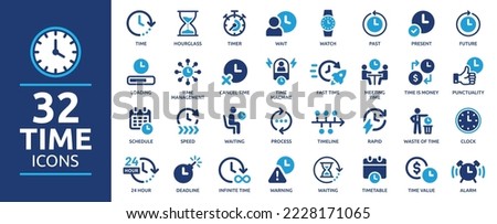 Time icon set. Timer, alarm, schedule, hourglass, clock icons. Solid icon collection. Royalty-Free Stock Photo #2228171065