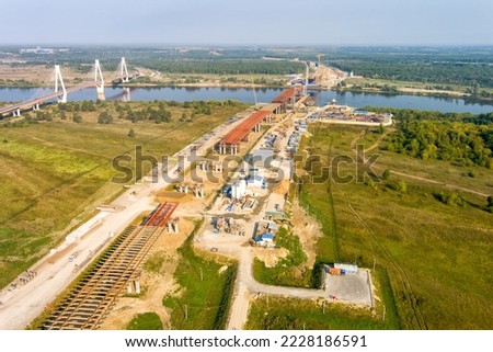 Murom, Russia. Murom bridge. Construction of a bridge across the Oka River. Construction site of the highway M12, Moscow - Kazan. Aerial view