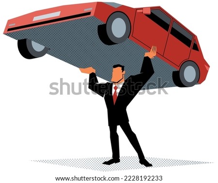 Concept flat style illustration with super strong businessman lifting and holding car.