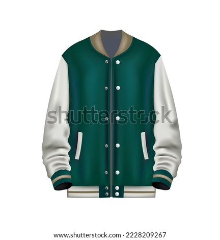 Realistic white and green baseball jacket, vector