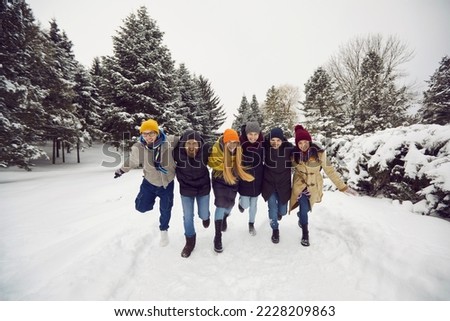 Portrait of smiling diverse friends in outerwear enjoy snowy winter on holidays or vacation. Happy young people have fun playing snowballs in park on leisure weekend. Friendship concept.