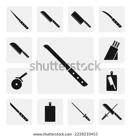 Bread knife flat web icon. Simple kitchen bread knife sign silhouette. Sharp bread knife solid black icon vector design. Bread knife cartoon clipart. Kitchen utensils icon set. Cooking tools icon Royalty-Free Stock Photo #2228210455