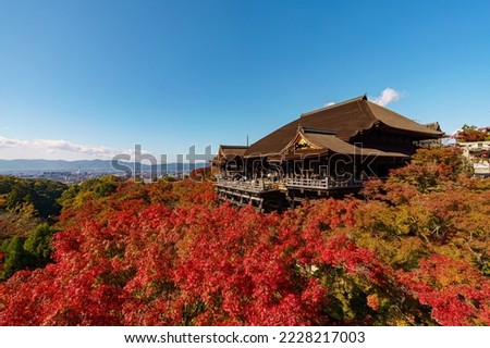 Landscape view of Kiyomizu-dera Temple(Higashiyama) With Maple Red in Kyoto, Japan in autumn season. Red fall leaves
