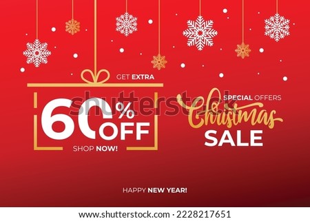 New year sale. Christmas sale label with sale precentage 60 percent. Horizontal posters, greeting cards, header, website. Red Card with Christmas snowflakes. Card or Christmas themed invitations. 