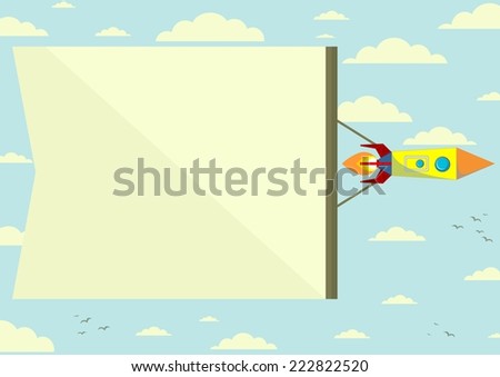 Flying Cosmic Rocket with the horizontal Position of the Banner, Color Sky on Background. Vector Illustrations