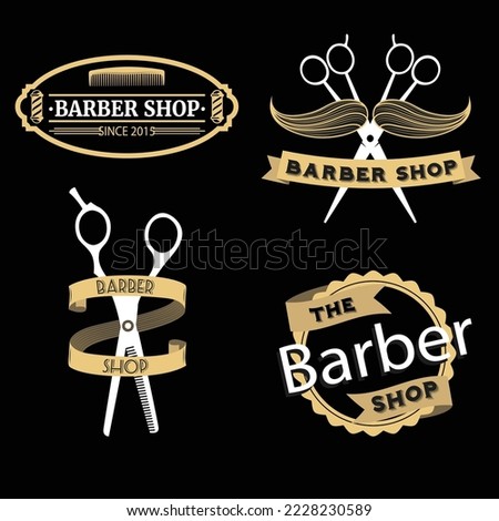 Barber Shop Retro Emblems in art deco style. Set of stylish barber logo templates. Gold color vector art isolated on black background