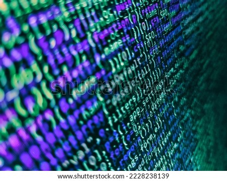 Closeup of Java Script, CSS and HTML code. Binary digits code editing. Bokeh background. Modern tech. PHP data source file. Programming code on computer screen. HTML website structure. IT business