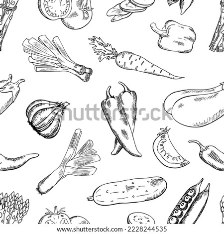 colorless, seamless pattern with various vegetables, tomatoes, leeks, tomatoes, peppers, garlic, asparagus, carrots, cucumbers, peas, eggplants Royalty-Free Stock Photo #2228244535