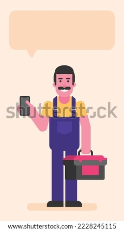 Repairman holding mobile phone and suitcase with tools. Flat people. Vector illustration