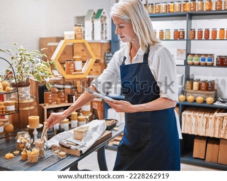 Small business owner, honey store and woman with tablet for inventory, ecommerce and online sales in sustainable organic grocery store. Startup, female and stock list technology for product website