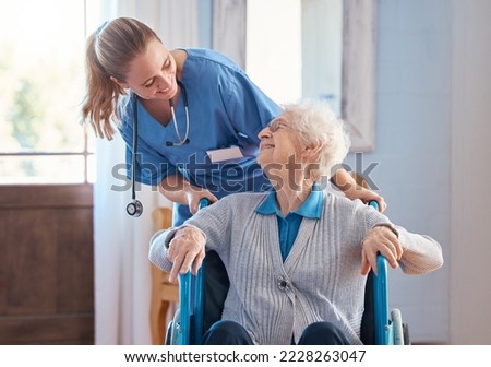 Nurse, home and elderly woman with a disability in a wheelchair in medical nursing facility. Happy, healthcare and doctor helping and talking to disabled senior lady in retirement house in Australia. Royalty-Free Stock Photo #2228263047