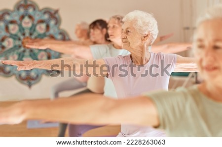 Yoga fitness, class and senior women training for elderly wellness, health and retirement self care in pilates studio. Healthcare, body workout and calm group of people exercise for healthy lifestyle Royalty-Free Stock Photo #2228263063