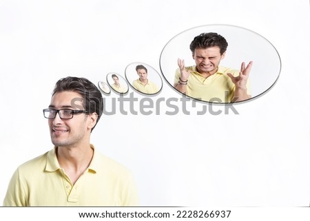 Illustration of positive man smiling with negative emotion expressions close to him isolated on white background. Keep calm concept