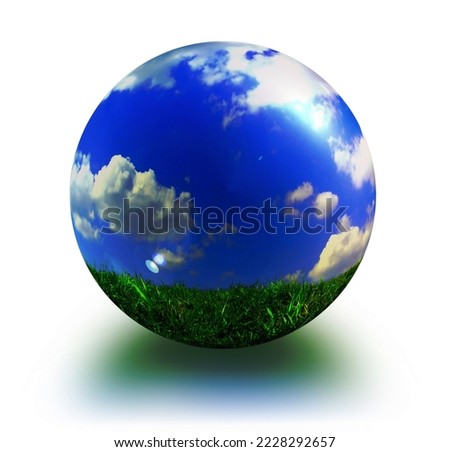 abstract picture about sphere with blue sky, white clouds and green grass