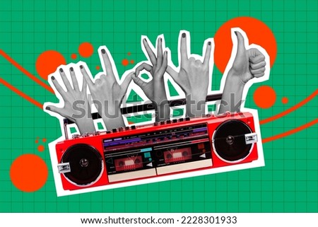 Creative trend collage of boombox tape recorder vintage retro party disco concert hands gesture dancers music advert okey thumb up horns