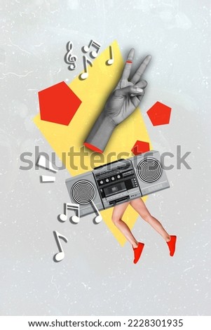 Vertical collage illustration of big human arm fingers show v-sign black white effect vintage boom box running legs painted melody notes