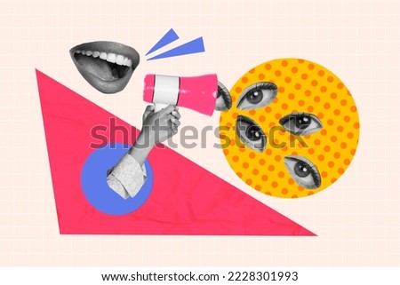 Collage photo of abstract creative imagination lips screaming loud information eyes addicted people isolated on pink color background Royalty-Free Stock Photo #2228301993