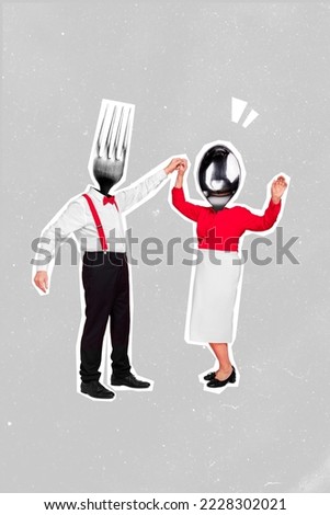 Vertical composite image of two people fork spoon instead head hold hands dancing isolated on painted grey background