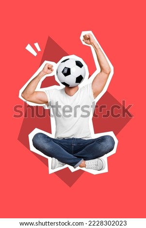Photo cartoon comics sketch picture of lucky exited young guy football ball instead of head rising fists isolated drawing background