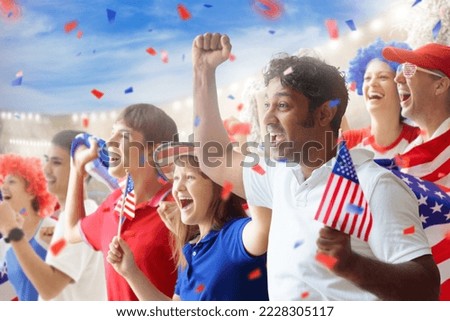 American football supporter on stadium. US fans on soccer pitch watching team play. Group of USA supporters with flag and national jersey cheering for America. Championship game.