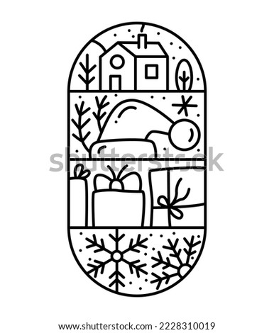 Christmas advent composition snow, gift boxes, hat, house and trees. Hand drawn winter vector constructor logo in two half round frame and rectangles for greeting card.