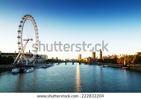 London Skyline landscape at Sunrise with Big Ben, Palace of Westminster, London Eye, Westminster Bridge, River Thames, London, England, UK. Royalty-Free Stock Photo #222832204