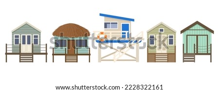 Cartoon summer beach huts, beach houses. Bungalow beach summer vacation huts, marine sandy buildings flat vector illustration on white background Royalty-Free Stock Photo #2228322161