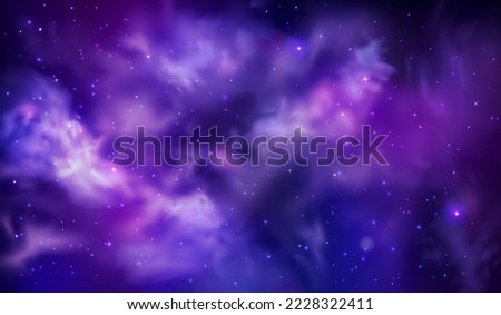 Purple night sky. Space universe, magic clouds. Cosmic night nebula, pink and blue cosmos, dark lights. Midnight heaven realistic panorama with stars. Celestial vector texture exact wallpaper Royalty-Free Stock Photo #2228322411
