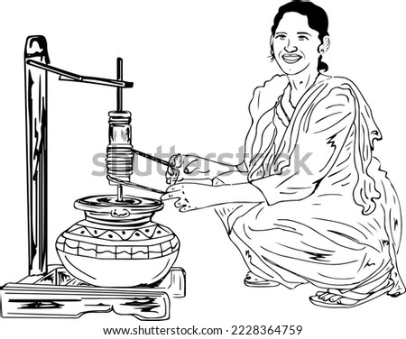 Punjabi girl churning curd and extracting butter clip art and symbol, Indian woman churning buttermilk in a clay pot sketch drawing vector illustration 