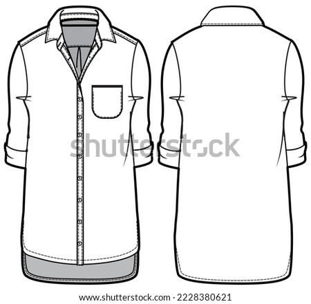 Women boyfriend shirt dress design with collar flat sketch fashion illustration with front and back view, Long Sleeve Kurtha shirt dress technical drawing vector template Royalty-Free Stock Photo #2228380621