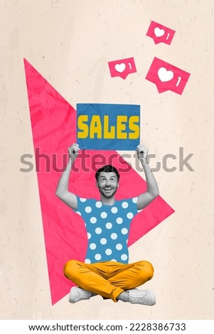 )Collage photo of young excited funny student man hold paper placard sales shopping clothes like notification isolated on beige color background