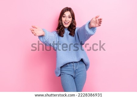 Photo of positive cheerful person raise opened arms camera you invite cuddle isolated on pink color background