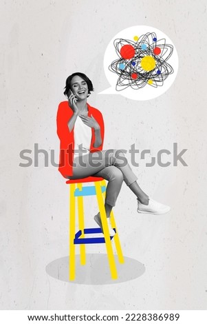 Creative poster collage of talkative funny cheerful energetic young woman sitting chair talking phone blah mixed thoughts mess rumor news Royalty-Free Stock Photo #2228386989